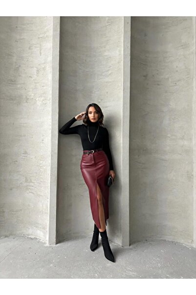 Ecenin Favorileri Fusta midi din piele artificială bordeaux cu fantă în față