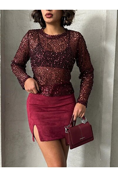 Ecenin Favorileri Burgundy Suede Mini Women's Skirt with Front Slits