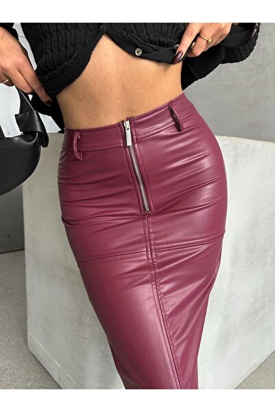 Ecenin Favorileri Fusta midi maro din piele artificială cu fantă