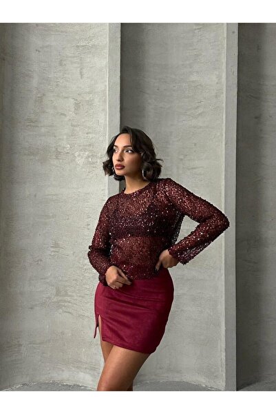 Ecenin Favorileri Burgundy Suede Mini Women's Skirt with Front Slits