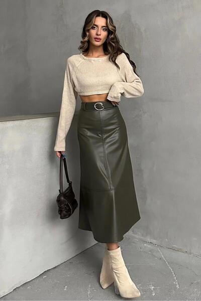Ecenin Favorileri Cumpărați o mărime mică - Fusta midi din piele artificială kaki