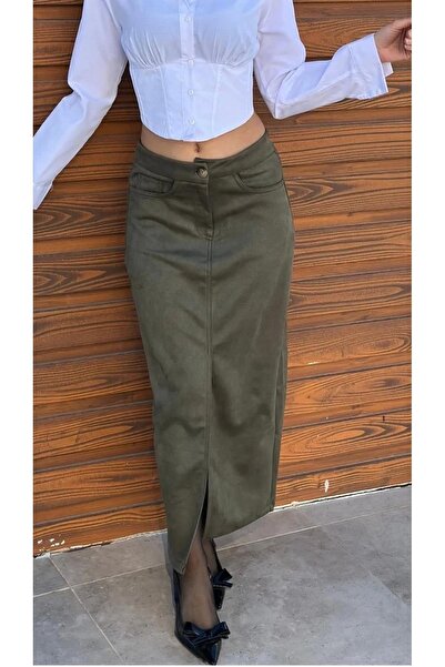 Ecenin Favorileri Haki Süet Önden Yırtmaçlı Midi Etek