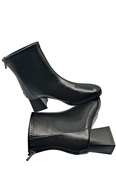 Long Star Kadın Siyah Rugan Suni Deri Ortopedik 6 cm Topuklu Küt Burun Fermuarlı Kışlık Bot