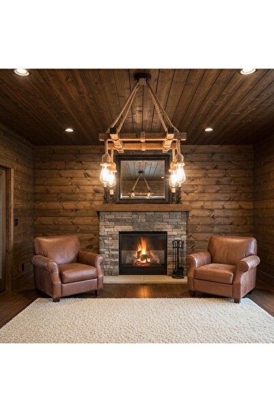 ALKANLAR AHŞAP DEKOR Ahşap Halatlı Dekoratif Rustik 4'lü Avize