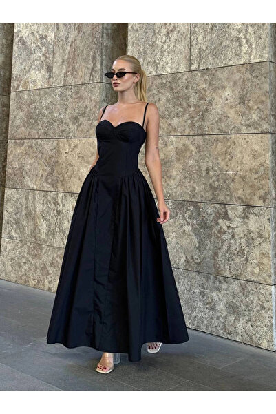 VİSKALİ Prenses İnce Askılı Kalp Yaka Uzun Elbise