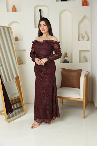 Nice Model فستان سهرة رسمي بأكمام طويلة من الدانتيل باللون العنابي، فستان حور...