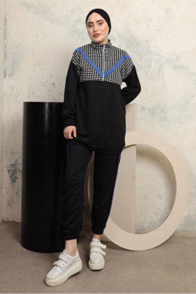 TRENDTESETTÜR WOMEN'S BLACK (BLACK-SAX) PUMP PATTERNED TRACK SUIT T 3143
