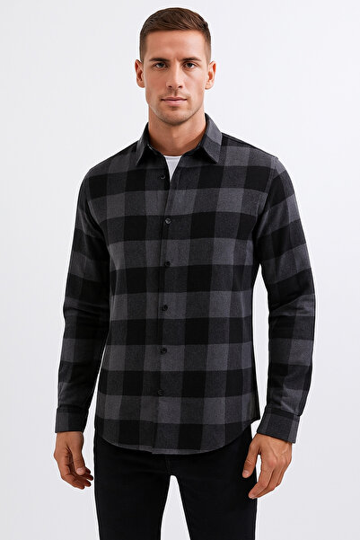 King Brothers Ανδρικό πουκάμισο ξυλοκόπο Slim Fit Slim Fit Μαύρο και άσπρο καρό μακρυμάνικο