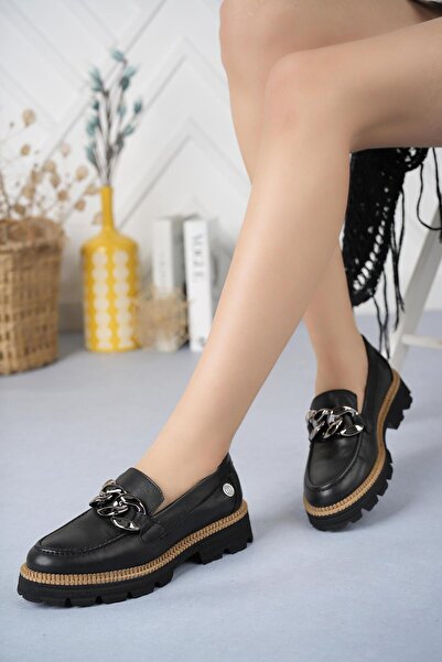 Mammamia D24Ka 3185 Black Genuine Leather Women's Shoes with Chain