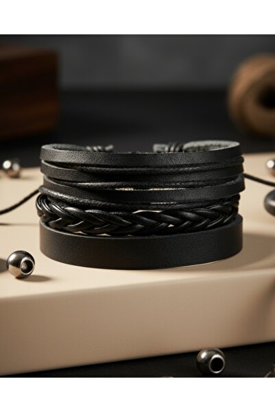 BSN Store Plain Design 3-Piece Genuine Leather Men's Bracelet