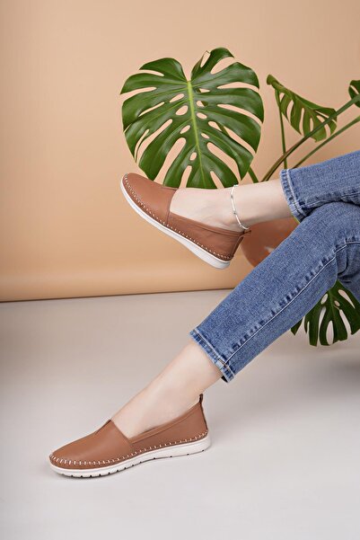 Nesil Shoes Knc 033 Tan Genuine Soft Leather Women's Shoes