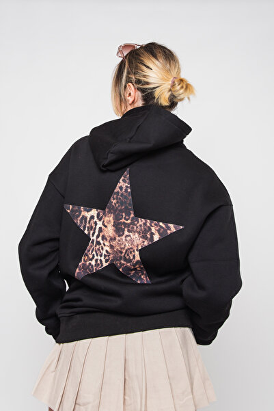 Bak Moda Hanorac negru oversize unisex cu imprimeu leopard și stele pe spate