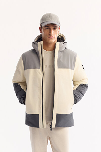Avva Men's Ecru-Grey Hooded Water Repellent Windproof -10 ° C Durable Comfort Fit Coat A52Y6164