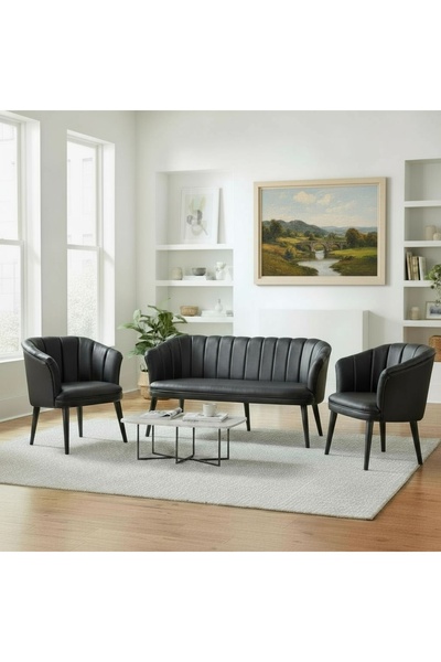 Aryans Home Mobilya Dekorasyon Siyah Deri Kollu Ahşap Ayaklı Ofis Koltuk Takı...