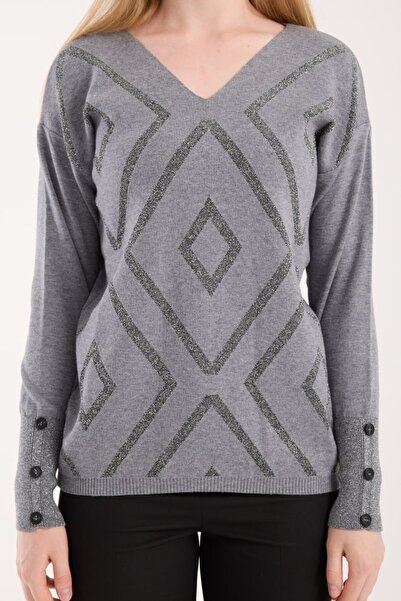 BERNE Women's Gray Glitter V-Neck Sweater