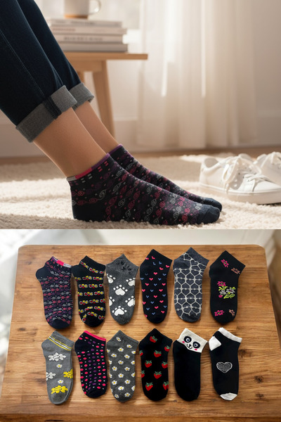 KAYSSOCK Women's 12-Piece Cotton Patterned Booties Socks Set Comfortable Breathable Dark Color