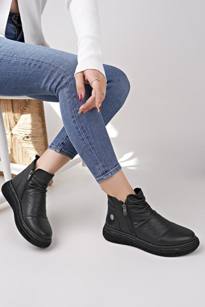 Mammamia D25Kb 1005 Black Genuine Leather Double Zipper Women's Boots