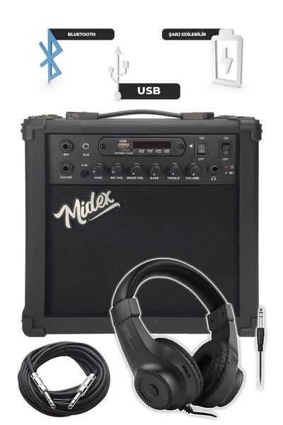 Midex Mga-25bk-pak Elektro Gitar Amfisi 25 Watt Usb Bluetooth Şarjlı (mikrofon Stand Kulaklık Kablo)