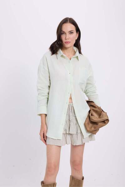 Tudors Women's Oversize Wide Cut 100% Cotton Muslin Fabric Long Sleeve Pocketed Textured Light Mint Shirt