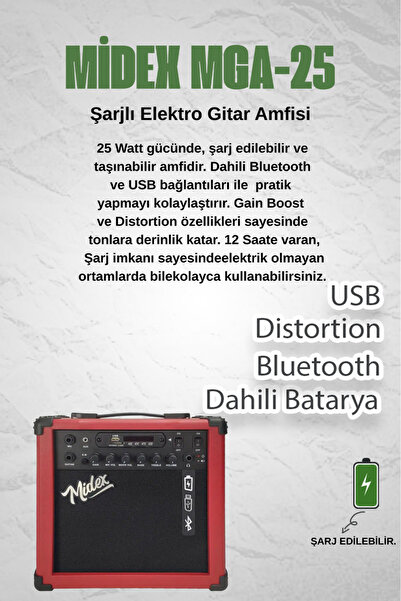 Midex Mga-25rd Elektro Gitar Amfisi 25 Watt Usb Bluetooth Şarjlı 2 Girişli