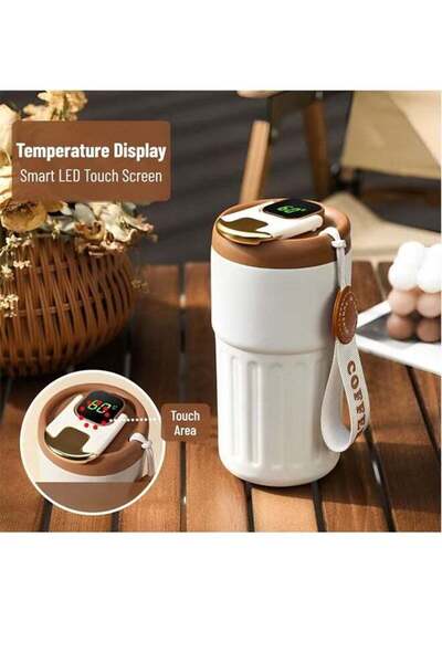 Cuken Insulated Coffee Cup, 450ml Stainless Steel Travel Mug with LED Display (Beige)