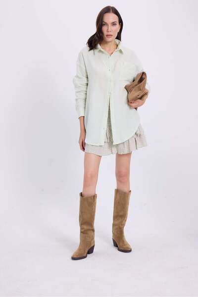 Tudors Women's Oversize Wide Cut 100% Cotton Muslin Fabric Long Sleeve Pocketed Textured Light Mint Shirt