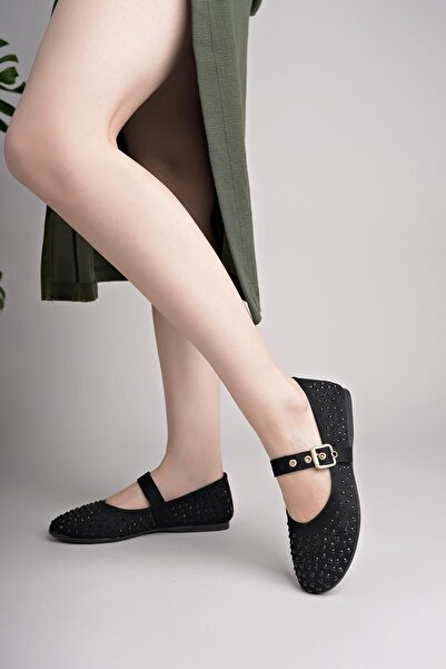 Nesil Shoes حذاء باليرينا نسائي من Dvm 020 مصنوع من الجلد السويدي الأسود مزود...