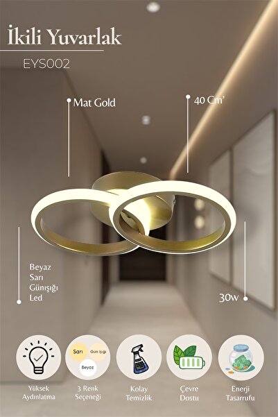 EYSHOP Modern Eskitme Gold İkili Yuvarlak Tek Renk Günışığı LED Avize