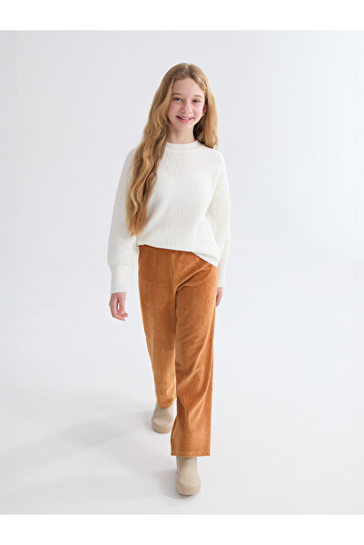 LC Waikiki مجموعة إلسيفا بنطلون رياضي مخملي بني اللون للفتيات مع خصر مطاطي