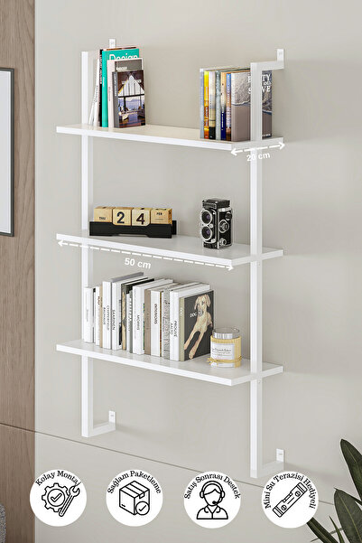 Euromob 50x20 cm Beyaz Metal 3 Raflı Duvar Rafı | Kitaplık & Mutfak Banyo Org...