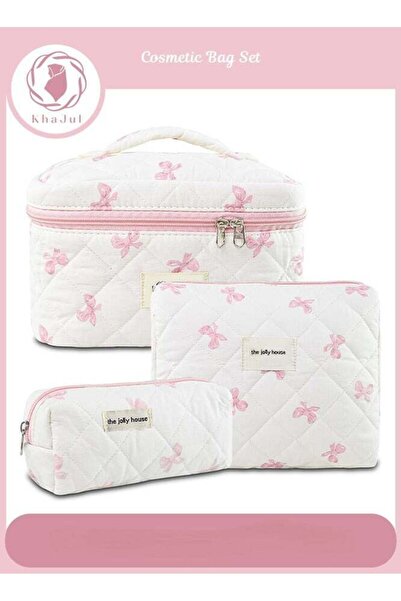 KHAJUL حقيبة مستحضرات تجميل مبطنة، منظم مكياج قطني كبير الحجم مكون من 3 قطع ل...