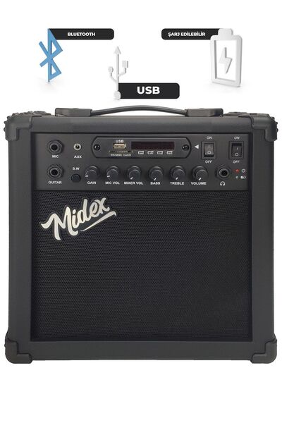 Midex Mga-25bk Şarjlı Elektro Gitar Amfisi 25 Watt Gain Bluetooth Usb Distortion
