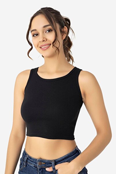 Arma Yıldız Women's Cotton Camisole Halter Neckline Thick Strap Crop White Black Gray 3 Pack