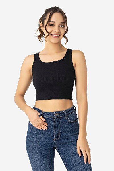 Arma Yıldız Women's Cotton Ribbed Halter Neckline Thick Strap Crop Bustier Black