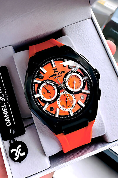 Daniel Klein ساعة يد رجالية - سلك سيليكون برتقالي وسوار هدية DKER2052C3