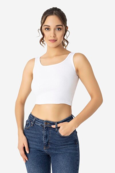 Arma Yıldız Women's Cotton Ribbed Crew Neck Thick Strap Crop Bustier White