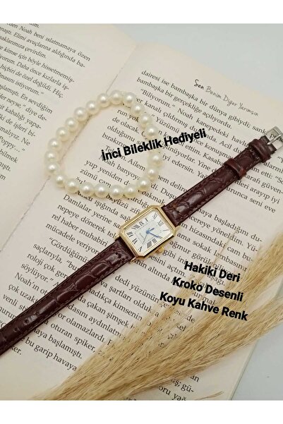 QUARTZ Rectangular Vintage Women Wristwatch Retro Genuine Leather Dark Brown ...