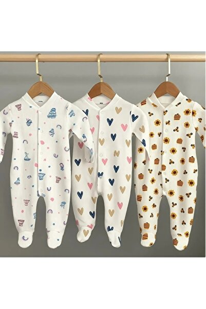 ENİA BABY Kız Erkek Bebek Desenli Renkli 3lü Tulum Takımı Yenidoğan Kıyafet 0-3 ay