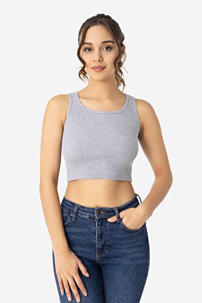 Arma Yıldız Women's Cotton Camisole Crew Neck Thick Straps Crop Gray