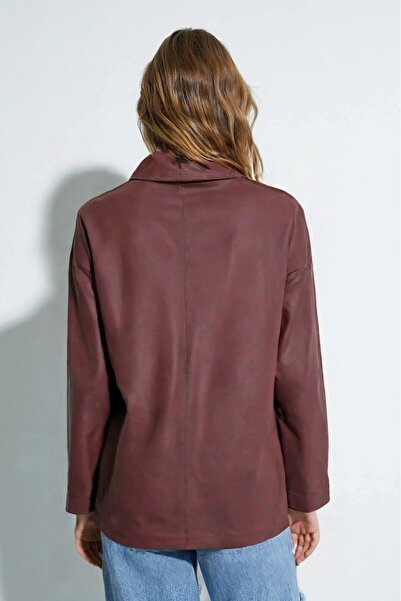 Saade Women's Relax Fit Faux Leather Bomber Jacket with Mock Neck Snap Closures and Zipper Pockets - Adjustable Waist