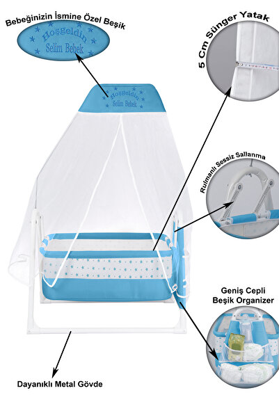 CHUBBY BABY İsme Özel Sallanır Beşik 5 cm Sünger Yataklı Organizerli Tüllü Ci...