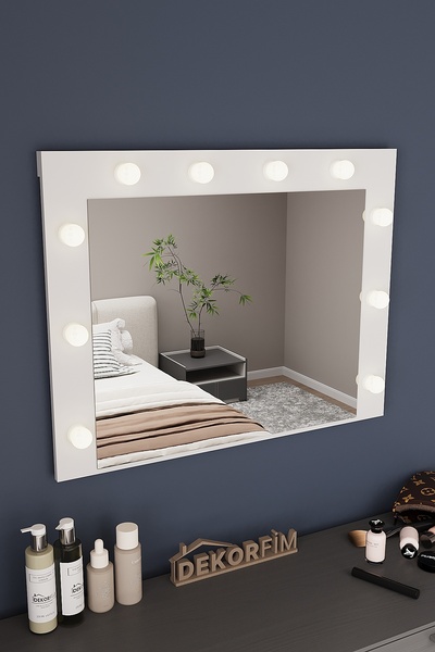 dekor fim DF06101 Raflı Dekoratif Kulis Işıklı Duvar Aynası Makyaj Masası Aynası