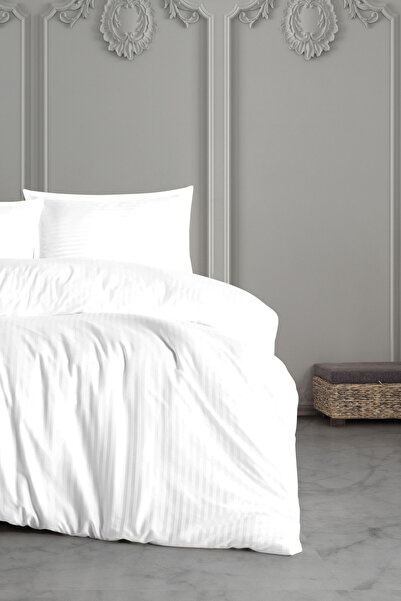 VAROL Çift Kişilik Saten Çizgili Nevresim Takımı – Lastikli Çarşaf, Parlak ve Yumuşak Kumaş