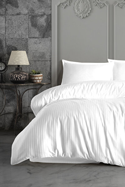 VAROL Çift Kişilik Saten Çizgili Nevresim Takımı – Lastikli Çarşaf, Parlak ve Yumuşak Kumaş