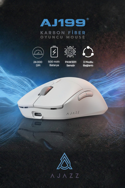 Ajazz Aj199 Karbon Fiber 3 Modlu Ultra Hafif 24.000 DPI, Oyuncu Mouse PAW3311 Sensör-500 Mah Batarya
