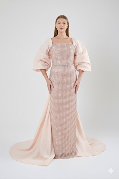 ROJBEY KADIN ABİYE TAŞ BASKILI UZUN ELBİSE