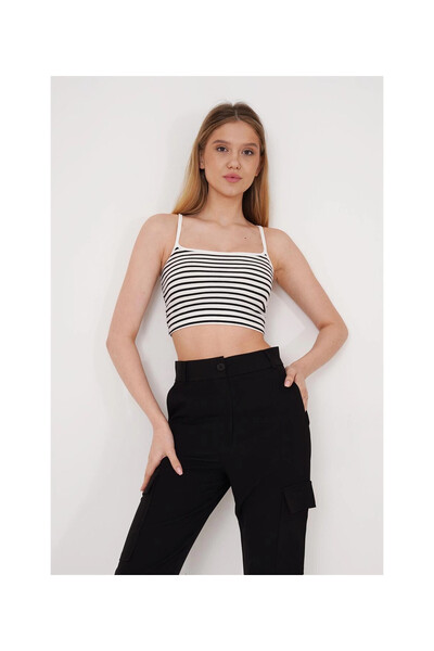Cotton Mood 23254291 Camisole Thin Strap Line Pattern Crop Tank Top BLACK