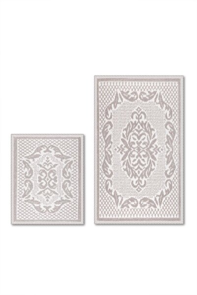 Bluenity Raya Damask Natural Cotton 2-Piece Bath Mat Set 60X100 50X60 cm Stone
