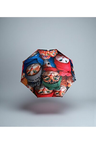 VANCKEY Üç Boyutlu Renkli Kedi Desenli 8 Telli Manuel Rüzgara Dayanıklı Şemsiye