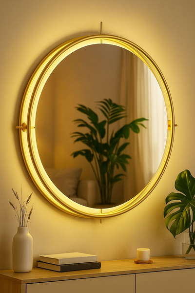 Wallover Design Liesta Gold 50 Cm Metal Çerçeve Kablosuz Pilli Led Ayna, Maky...